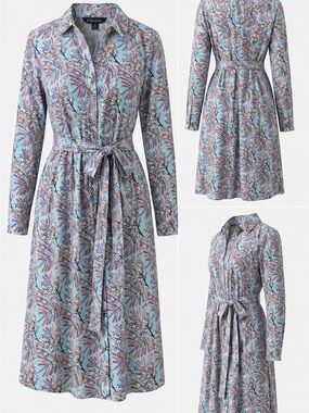 Brooks Brothers Light Blue Floral-Print Shirt Dress with Tie Waist
